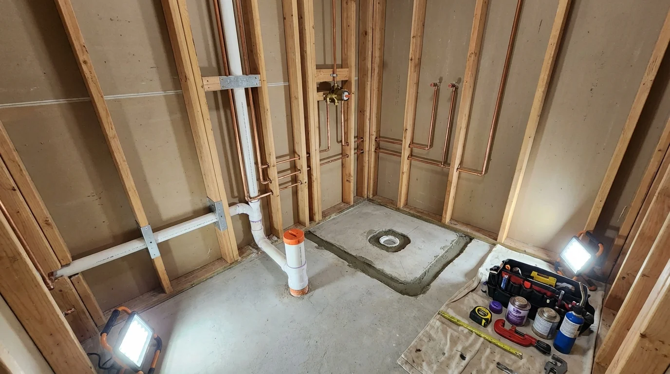 Bathroom rough-in plumbing during remodel by Johns Plumbing LLC in Crookston