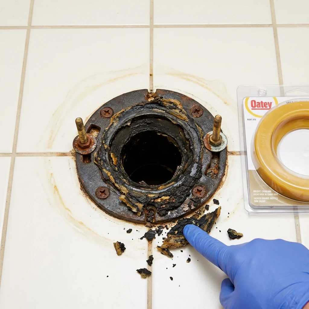 Failed wax ring showing water seepage at the base of a toilet in a Crookston, MN home