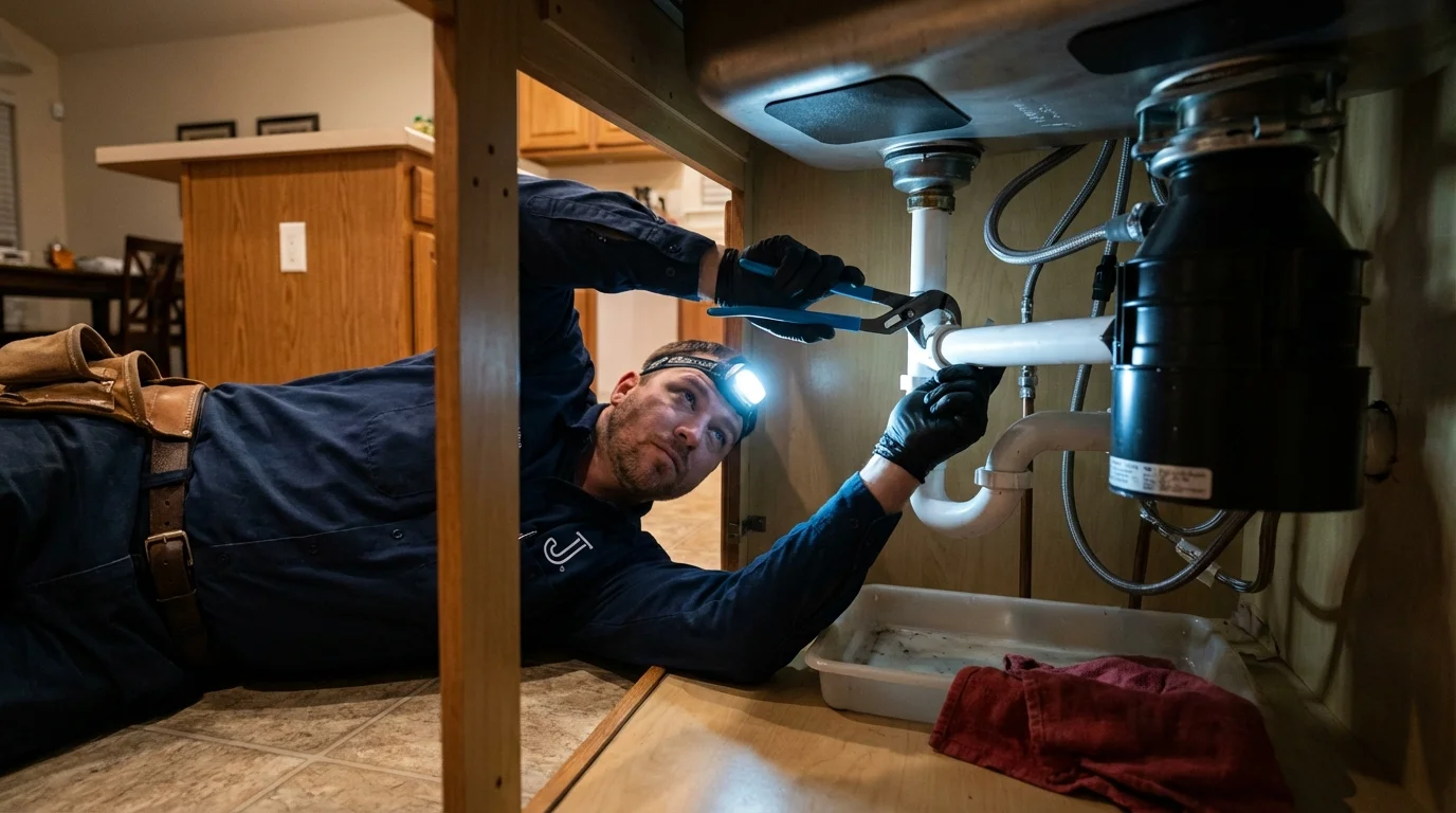 P-trap and supply line connections under a kitchen sink showing a common leak point in Crookston, MN